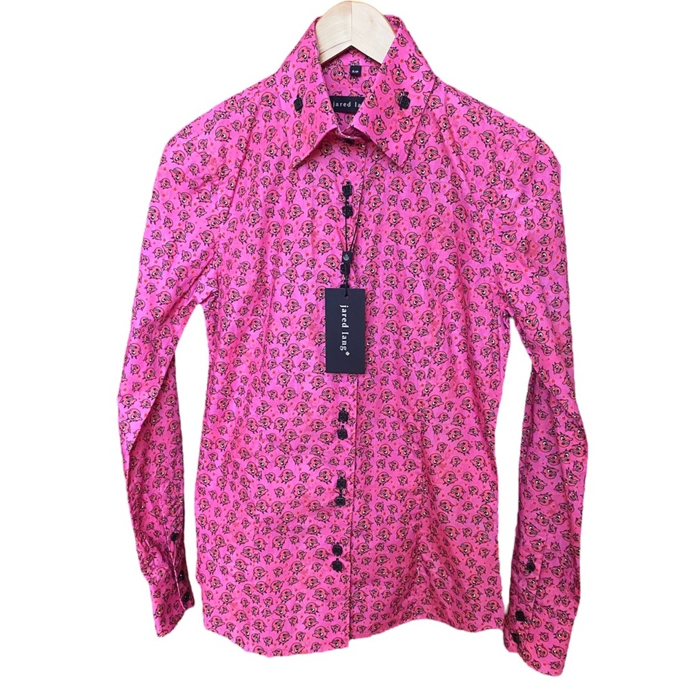 NWT Jared Lang Pink Devil Print Fitted Button Down Top Shirt S